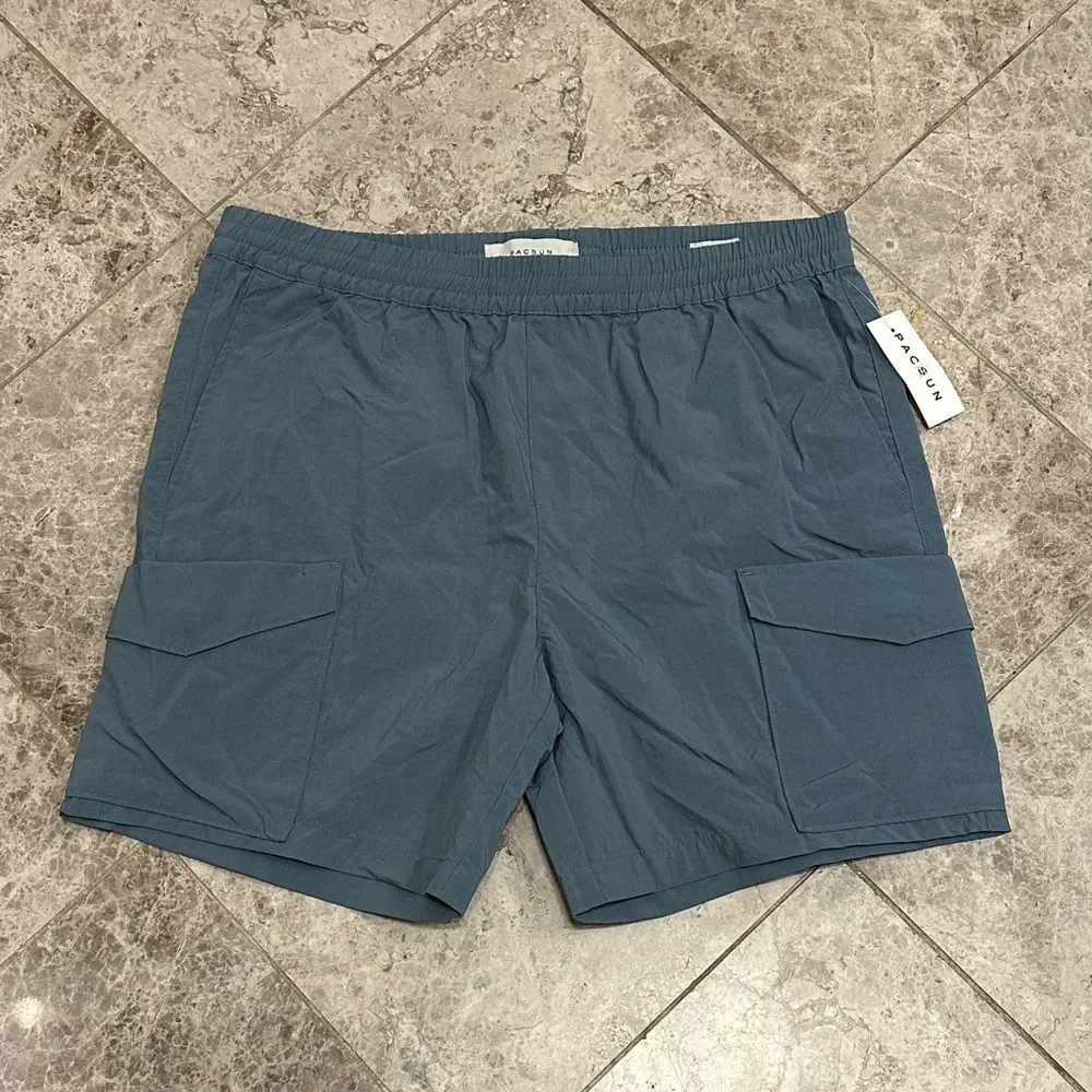 Pacsun Men’s Nylon Cargo Shorts Blue NEW Large Elastic Waist Casual Streetwear